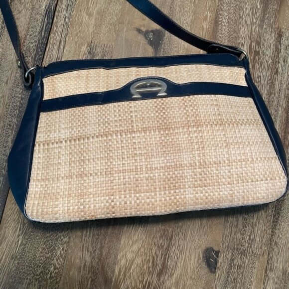 Eitenne Aigner Blue Leather and Woven Straw Purse - Picture 12 of 15